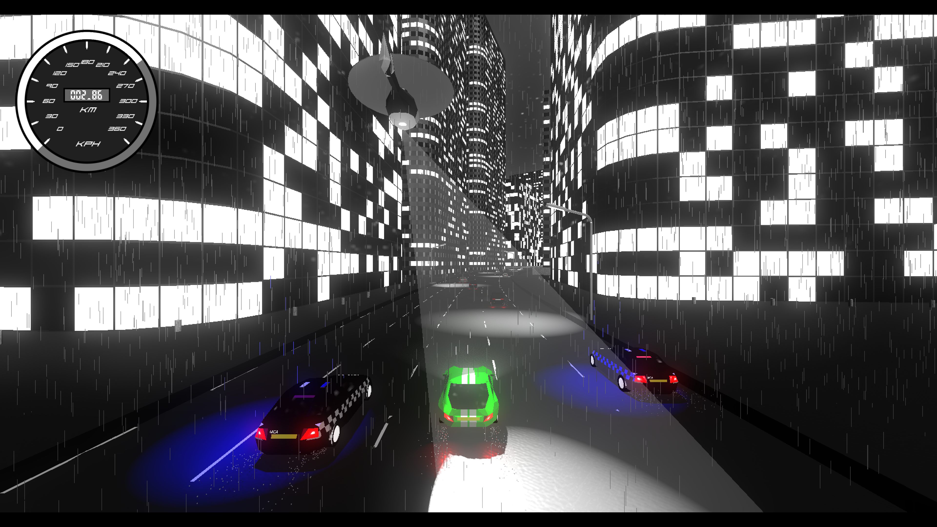 A screenshot from Highway Noir. The scene is a rainy highway in city in black and white. The player car, important NPCs and all tail lights are picked out in colour. The player is avoiding police cars and the search beam of a helicopter