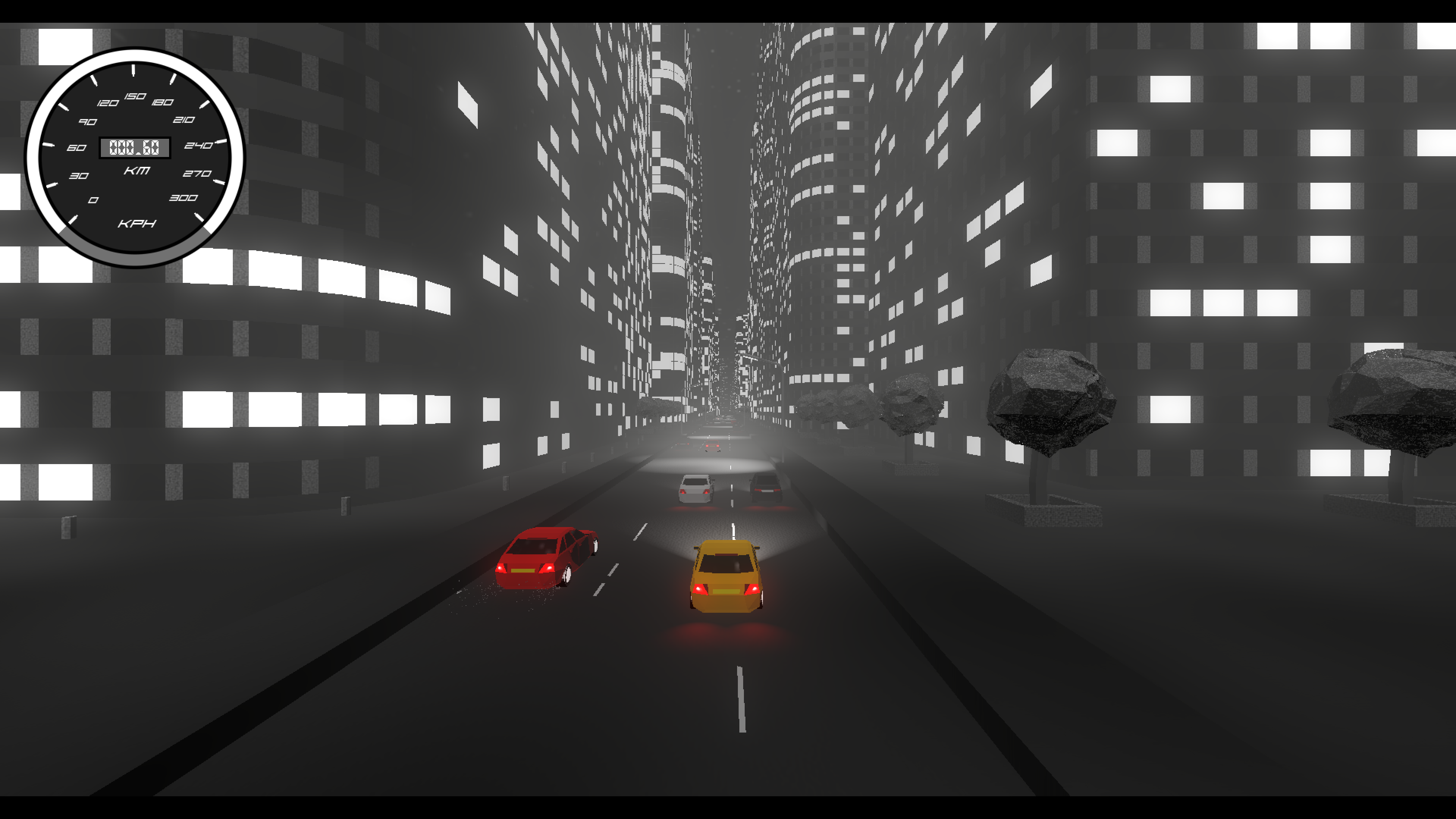 A screenshot from Highway Noir. The scene is a foggy highway in city in black and white. The player car, important NPCs and all tail lights are picked out in colour. The player is in a race with another car in red