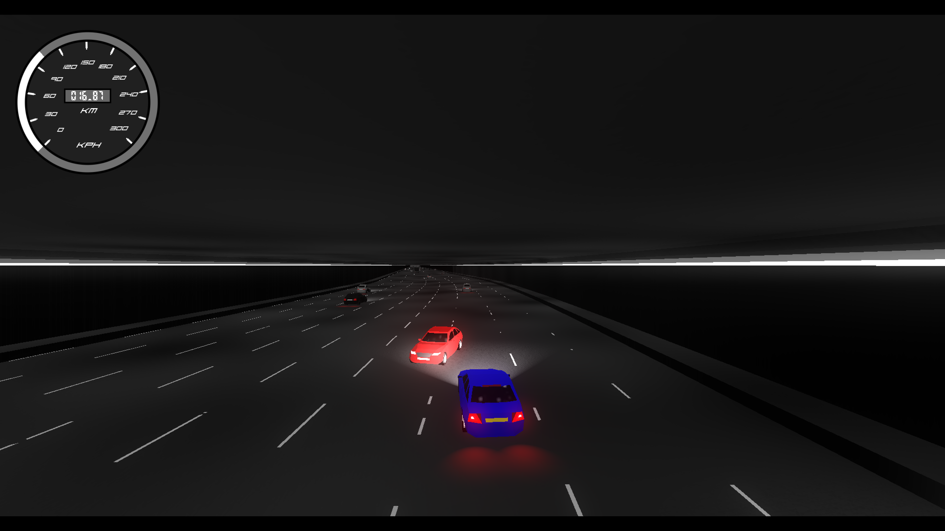 A screenshot from Highway Noir. The scene is a highway in a tunnel in black and white. The player car, important NPCs and all tail lights are picked out in colour. The player is about to shoot past a car in red that is facing a strange angle having been PIT manoeuvred